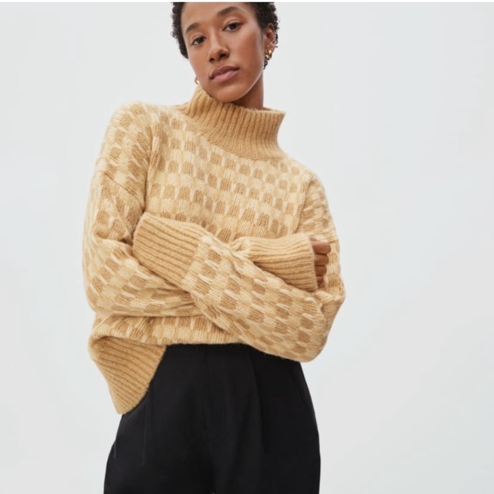 Everlane Cloud Checkered Turtleneck Women’s size Small in Golden Oak/Wheat